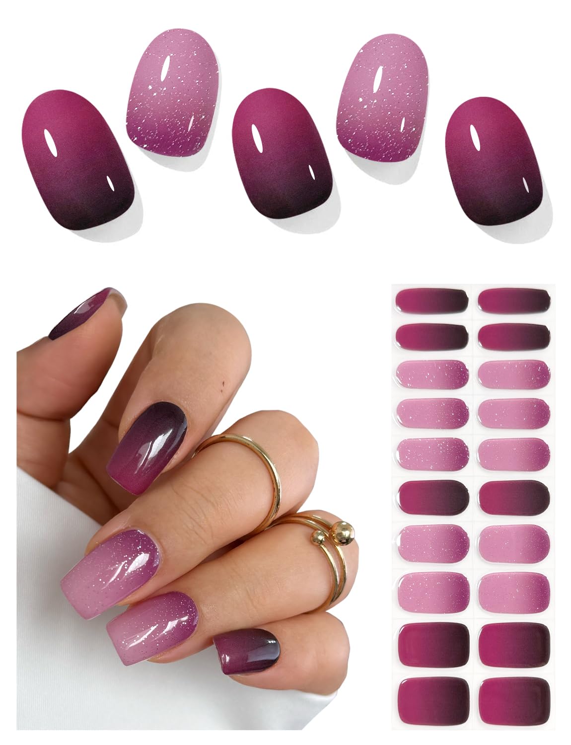 AutyaMee Semi Cured Gel Nail Strips (Glittery Purple), 20 Pcs Omber Gel Nail Wraps, Stickers, UV Light Required, Salon Quality
