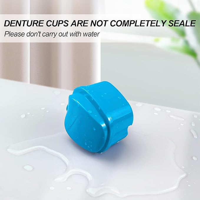Denture Cups for Soaking Dentures, Partial Denture Holder Case Retainer Mouthguard Cleaning Box Case with 2 Small Brushes - Blue and Dark Blue