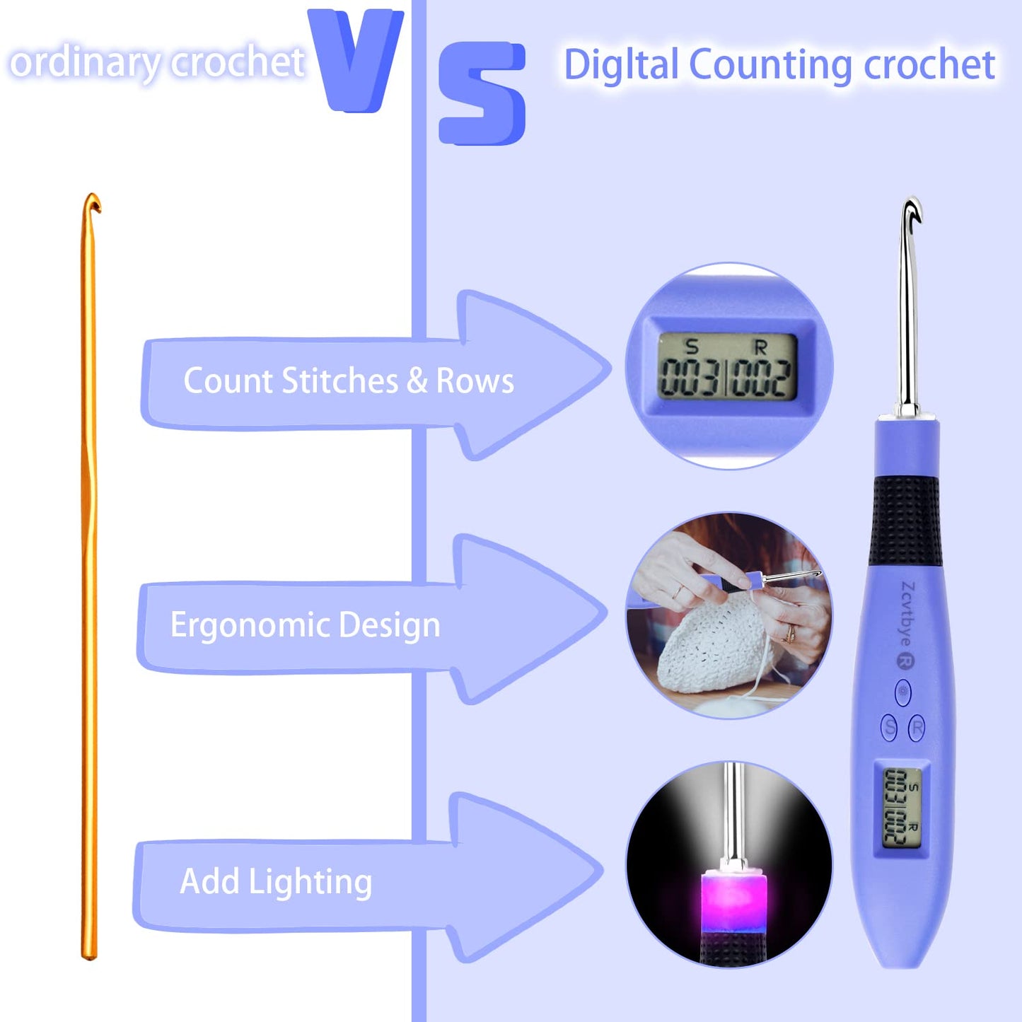 Counting Crochet Hook Set with Case – 12 Sizes Interchangeable Metal Heads (2.0–8.0mm), Rechargeable Light Up Crochet Hook with Digital Counter, Ergonomic Crochet Hooks Kit for Beginners & Experts