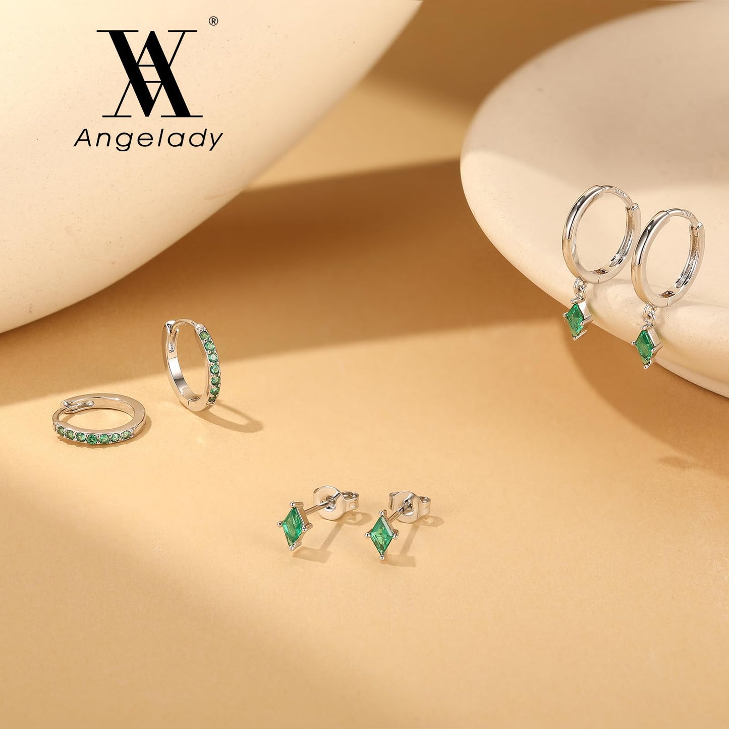 Sterling Silver Hoop Earrings Set for Women, Dainty Green Huggie Dangle Earring, Small Hypoallergenic Silver Earring Stacks for Multiple Piercing, Emerald Green Earring for Women Trendy