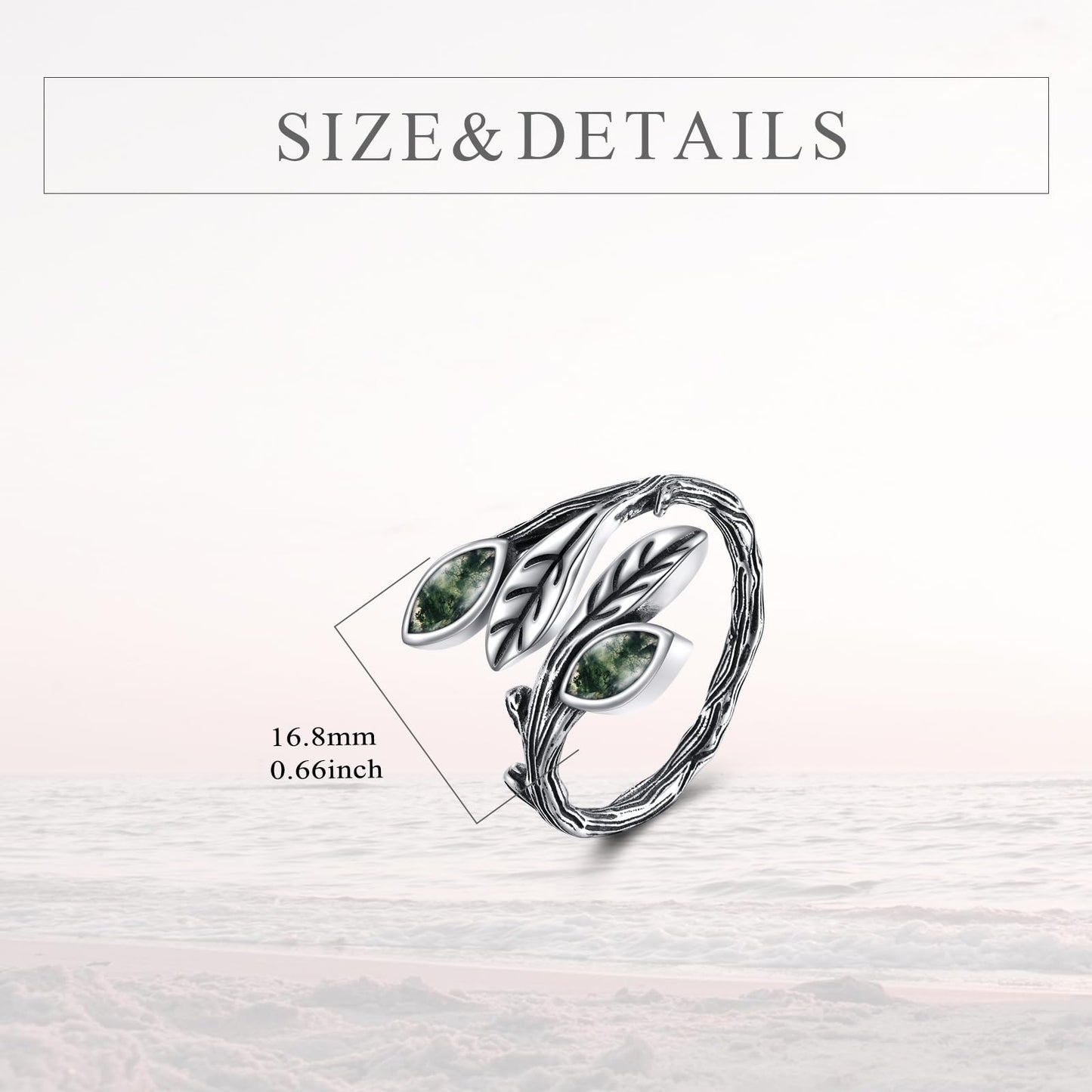 POPLYKE Leaf Moss Agate Ring Sterling Silver Boho Adjustable Open Ring Green Gemstone Spoon Ring Vintage Thumb Rings for Women