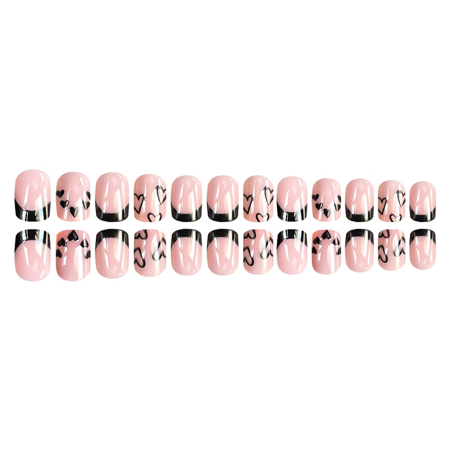 24Pcs Valentines Press on Nails Short Square Black French Tip Fake Nails Black Love Designs False Nails Nude Pink Glossy Full Cover Cute Heart Artificial Glue on Nails for Women Holiday Manicure Decor