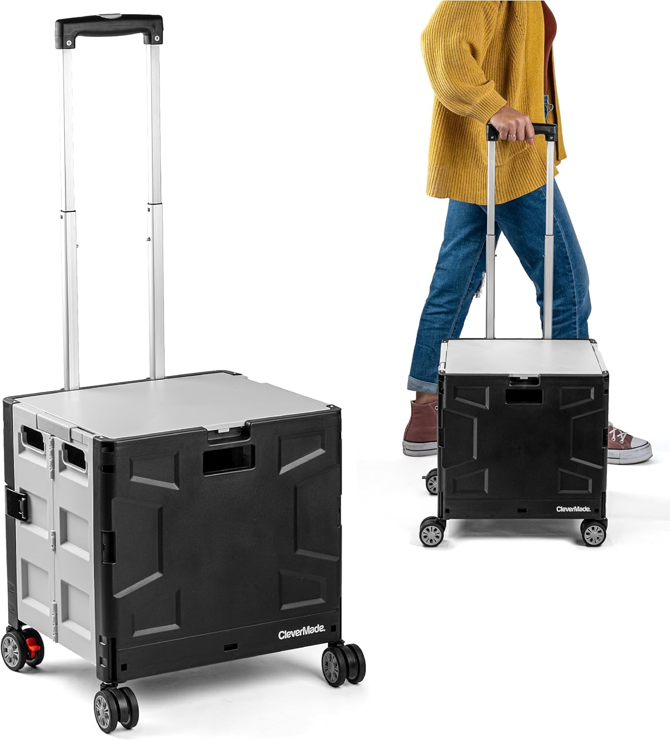 CleverMade Collapsible Storage Bin (100% Recycled) - 62L - Stone (3PK) and Wheeled Trolley Crate - 35L (4 Wheels) - Black/Cream [Cool Gray 1C] Bundle