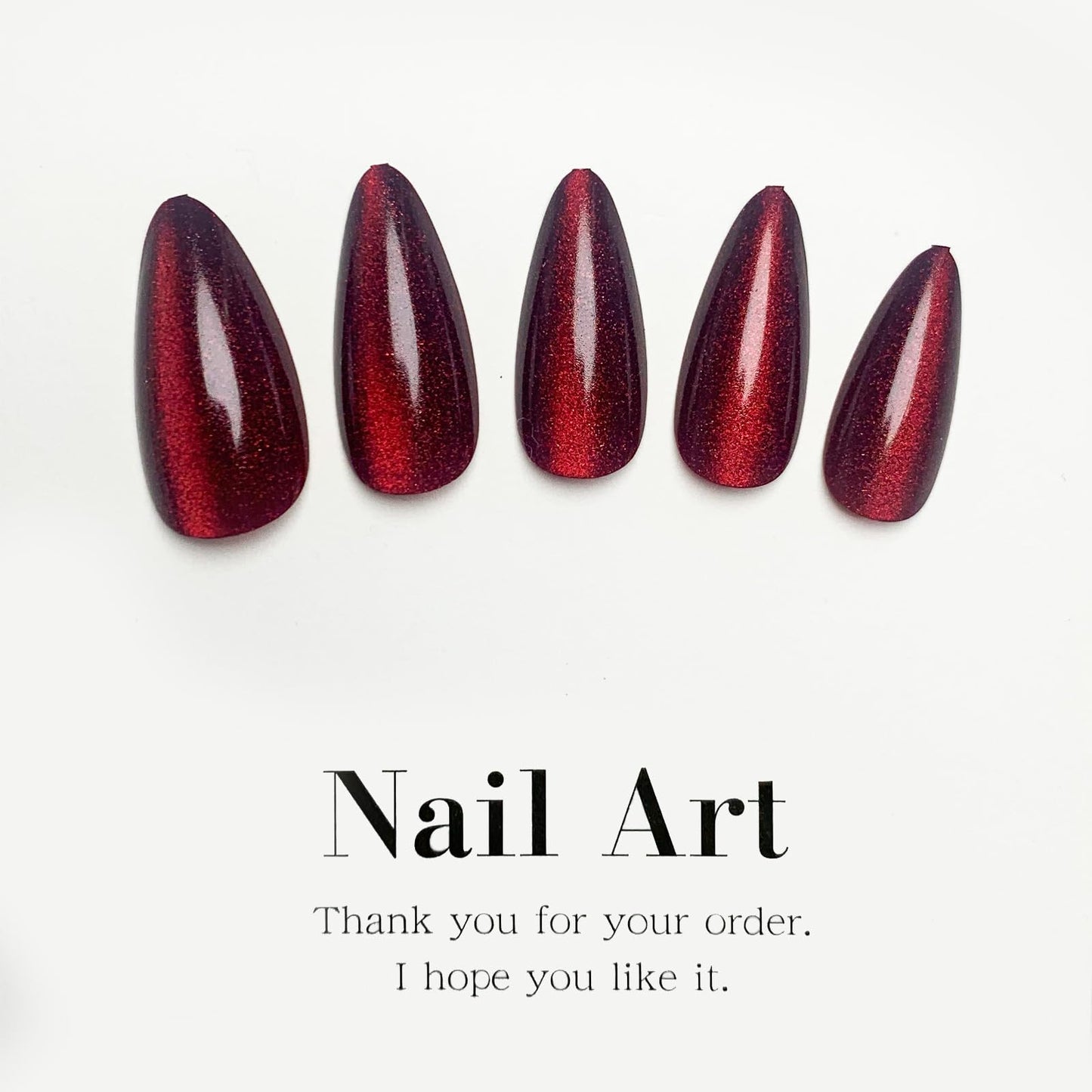 TOGZOM Red Almond Press on Nails Medium Cat Eye Fake Nails Glossy Shiny Acrylic Nails Ombre Glue on Nails Stiletto Artificial False Nails Wine Red Stick on Nails for Women Manicure 24Pcs, Style1