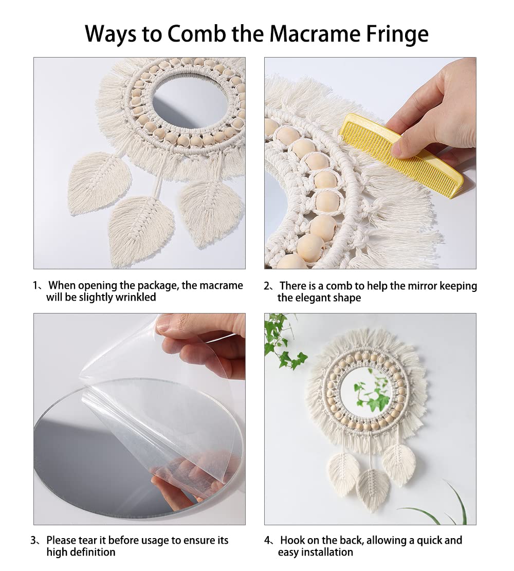 Artilady Macrame Hanging Wall Mirror - Boho Fringe Round Handmade Decorative Acrylic Mirror for Apartment Living Room Bedroom Baby Nursery Home Decor (Leaf)