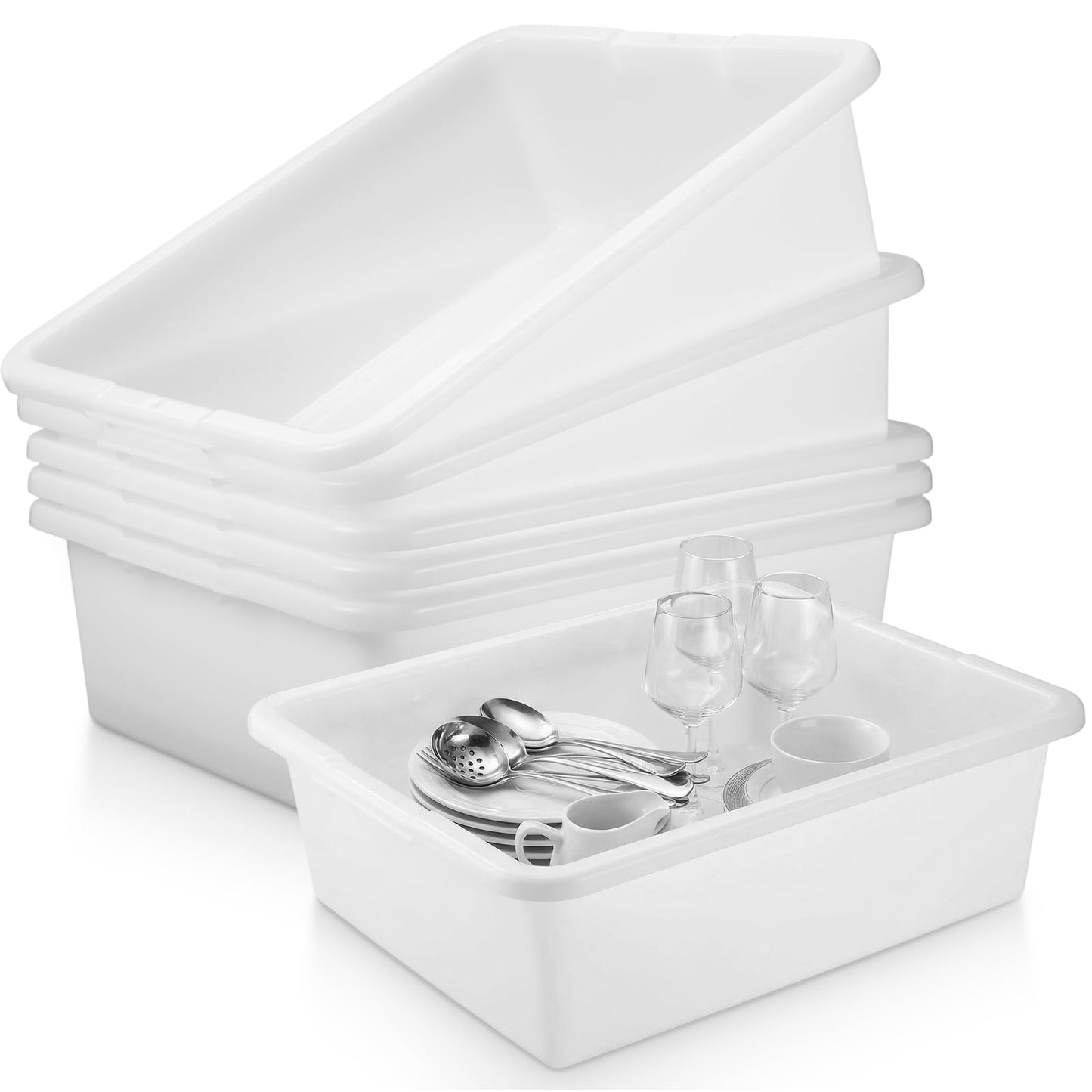 Ziliny 6 Pcs Commercial Bus Tubs 21.1" L x 16.9" w x 6.6" h Large Plastic Tubs Heavy Duty Wash Basin Tote Box for Restaurant Home Hotel Kitchen Organization Storage(White)