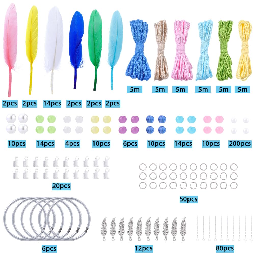 SUNNYCLUE DIY 6 Sets Dreamcatcher Kit Feather Dreamcatchers with Video Tutorials Wall Hanging Feathers Glass Beads Bohemian Ornament Making Kit for Car Mirror Home Decor Beginner Craft Handmade Gift