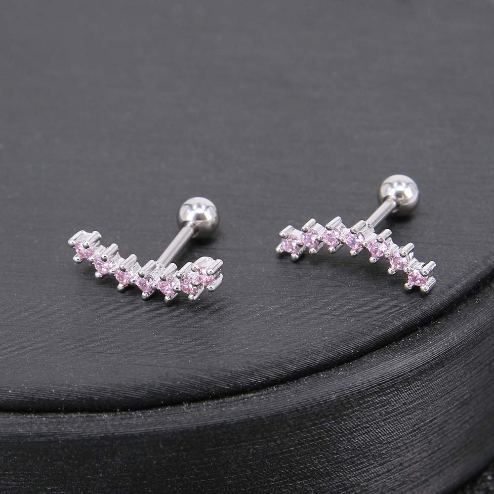 ZS Curve Seven Stud CZ Stud Earrings 316L Stainless Steel Ear Helix Conch Cartilage Piercing (Pink)