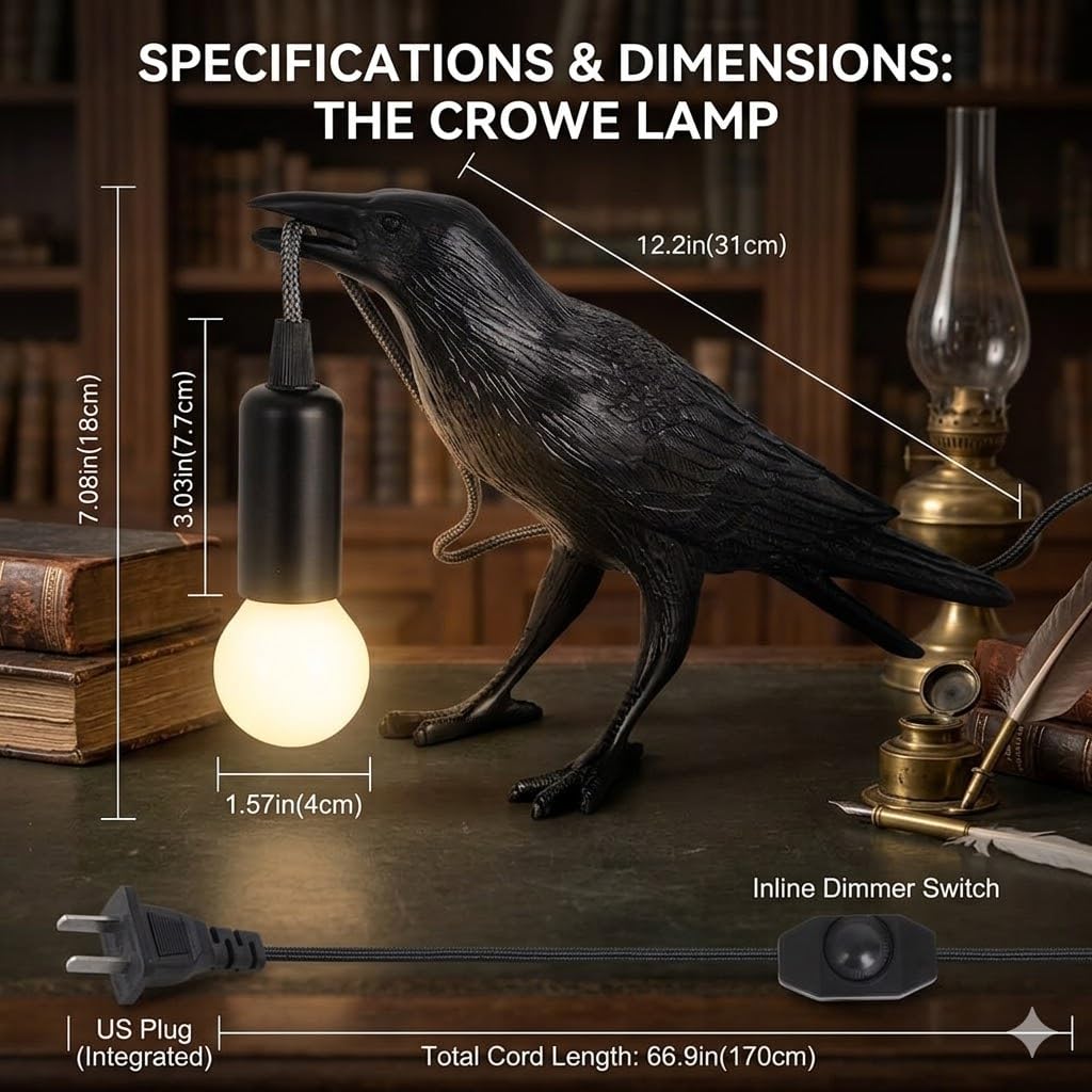 OVANUS Crow Lamp Gothic Decor, Raven Table Lamp with Adjustable Brightness, Dark Academia Aesthetic Night Light for Bedroom, Halloween Black Bird Lamp, Unique Gift