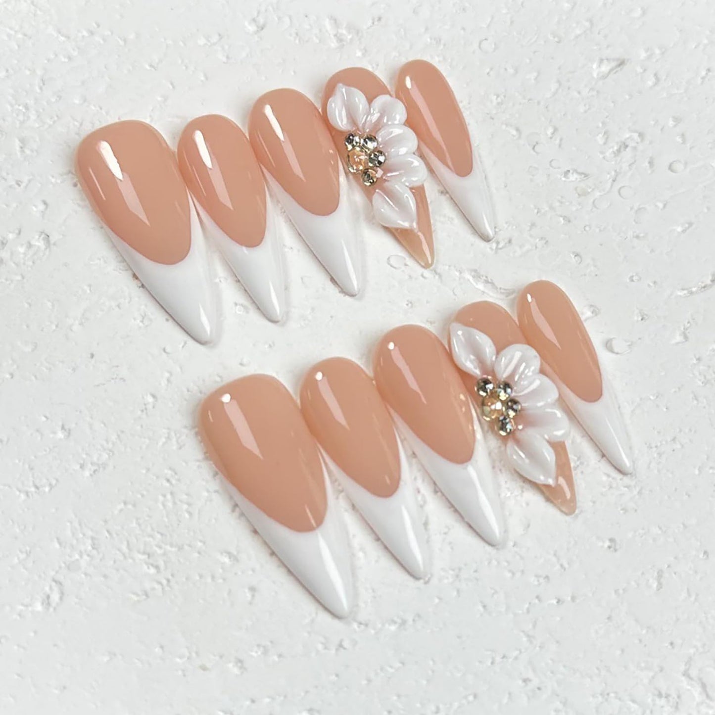 Luxury Press on Nails Long Stiletto Handmade 3D Unique Reusable ABS Material Fake Nails French Tip False Nails with Designs Rhinestones Floral Art Petal Glossy Glue on Nails Thick Acrylic Nails(M)