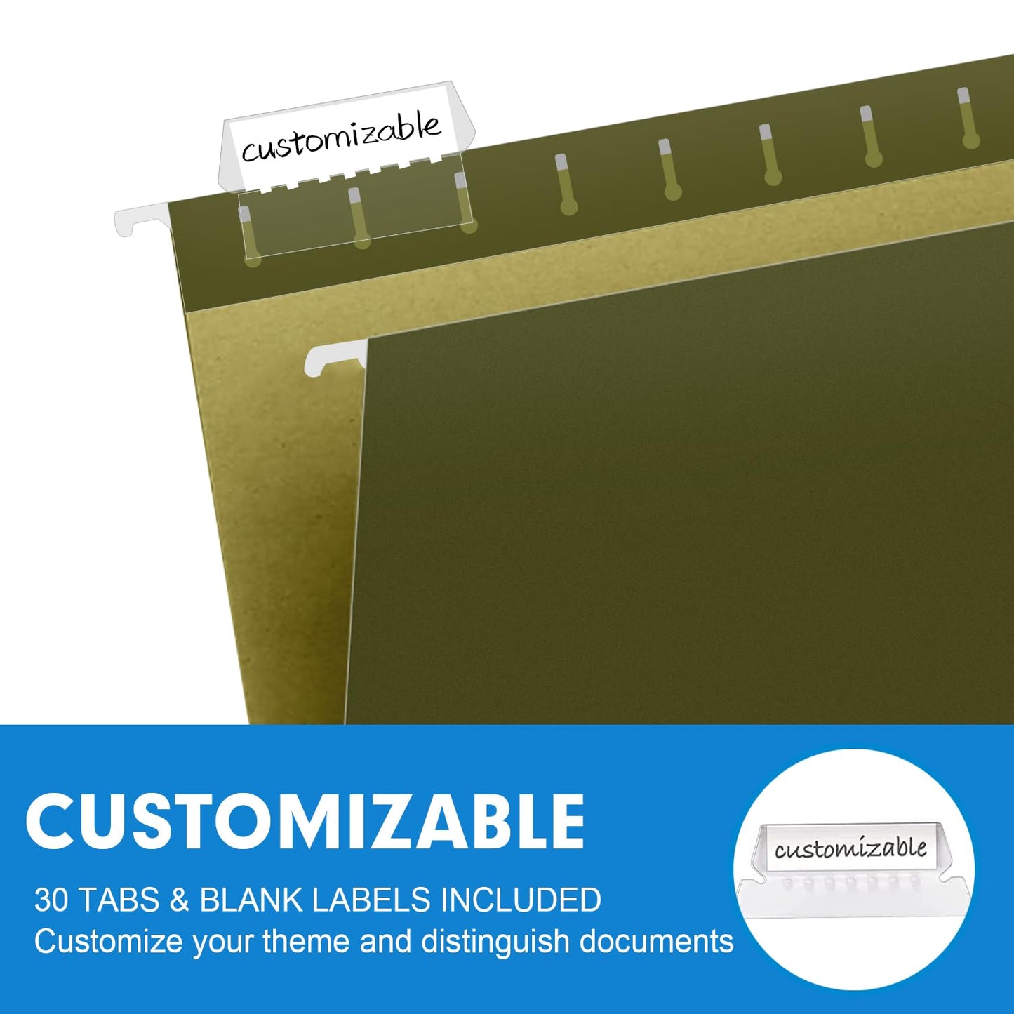 Extra Capacity Hanging File Folders, RAZCC 30 Pack Letter Size Reinforced Hanging Folders with Heavy Duty 3 Inch Expansion for Bulky Files, Filing Cabinet, Adjustable Tabs, Green