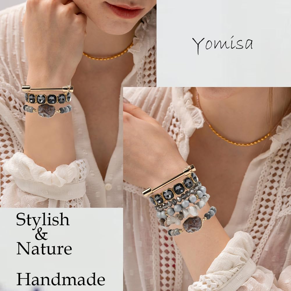 Yomisa Boho Beaded Bracelets/Bangle for Women,Multilayer Wrap 6PCS Healing Natural Jasper Stone Bead Bracelets Stackable Friendship Stretch Beaded Bracelet Set Trendy Bohemian Jewelry Gift,Silver Gold