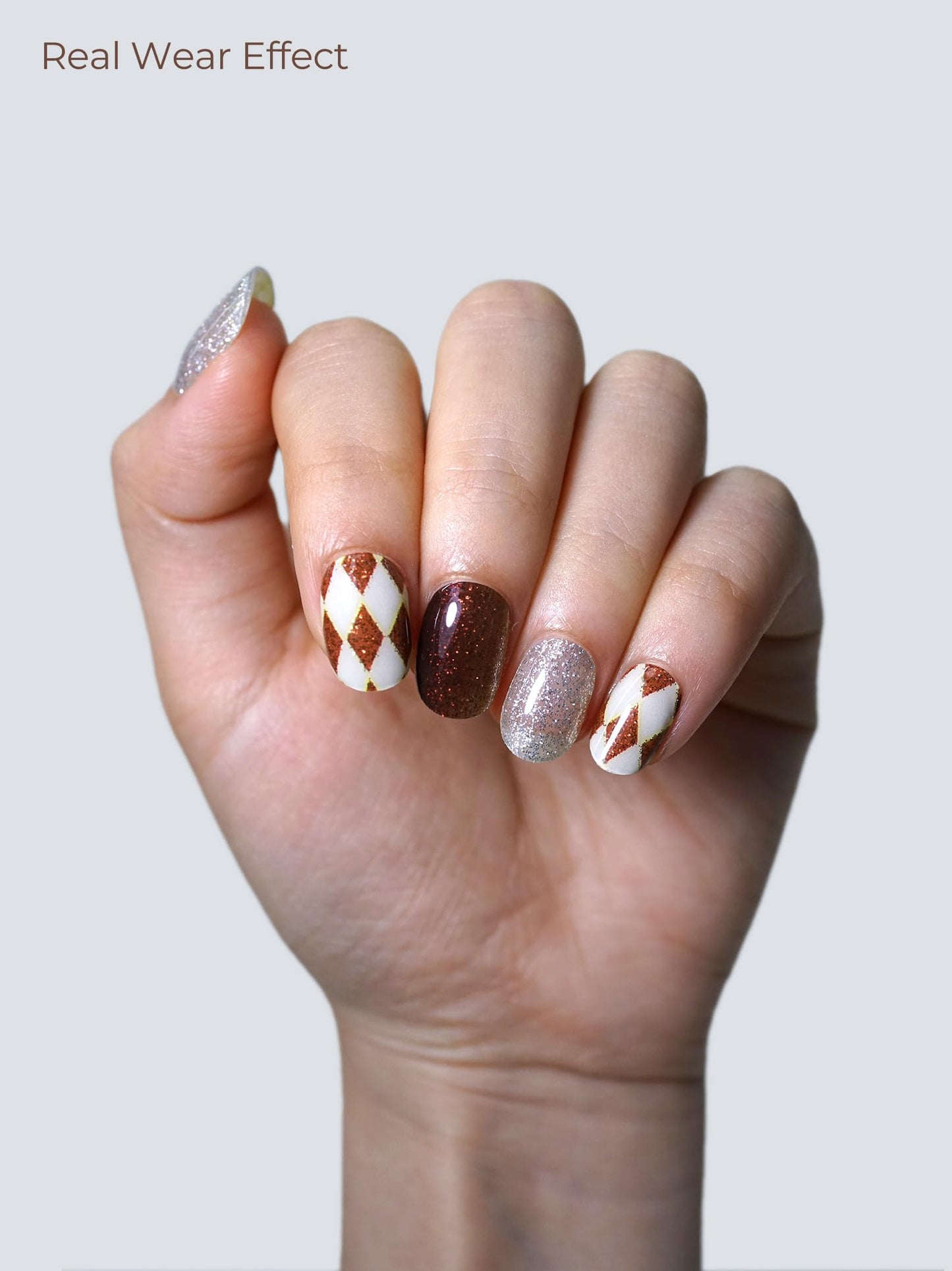 Beaolata Real Gel Nail Strips (No UV Light Needed) - 44Pcs Salon Quality Nail Stickers - Long Lasting Polish Wraps for Women, Easy Apply & Remove (Brown Check Sparkle)