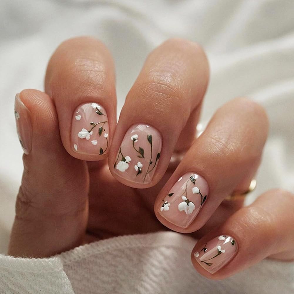 24Pcs Spring Summer Press on Nails - Pink Short Square False Nails With Floral Design Artificial Nails Acrylic Full Cover Fake Nail Kit Flower Stick on Nails For Women And Girls
