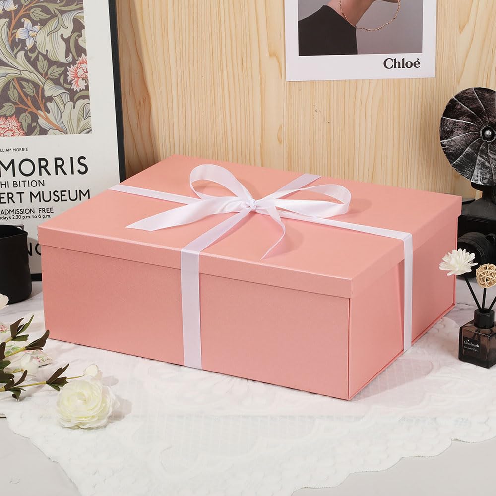 Extra Large Gift Box with Lid 17x13x6 Inches, Pink Gift Boxes for presents Packaging for Birthdays, Valentine's Day, Christmas, Anniversaries (Include Shredded Paper Fill, Envelope Card Ribbon)