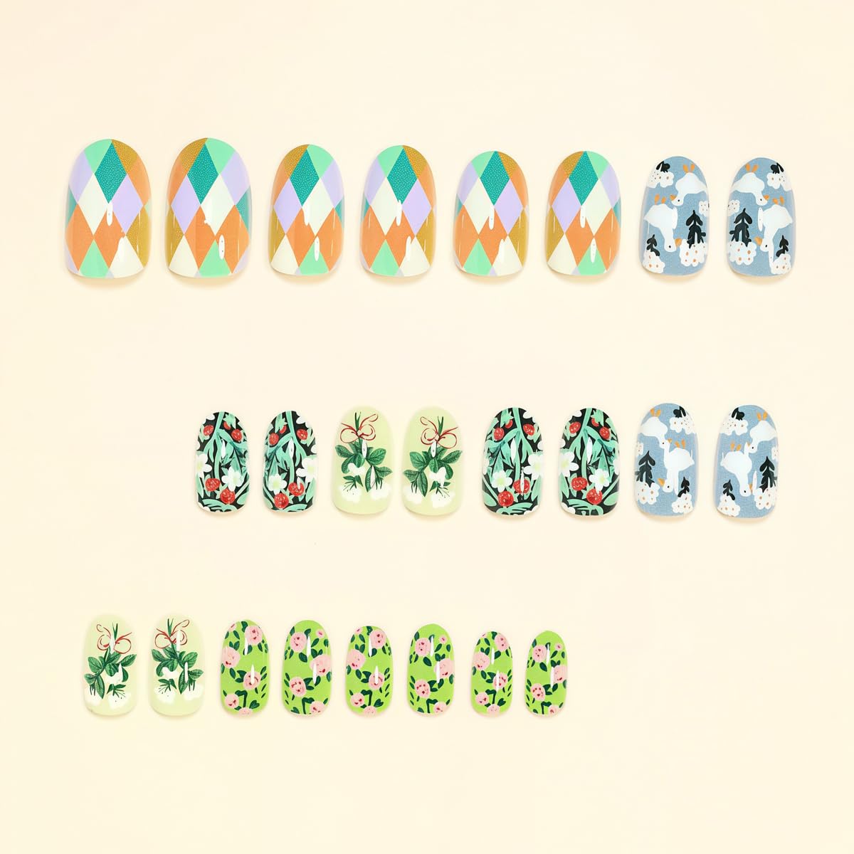 Spring Summer Cute Press on Nails Short Oval - Strawberry, Flower, Leaf & White Goose Design, Full Cover Glossy Fake Nails 24PCS for Women