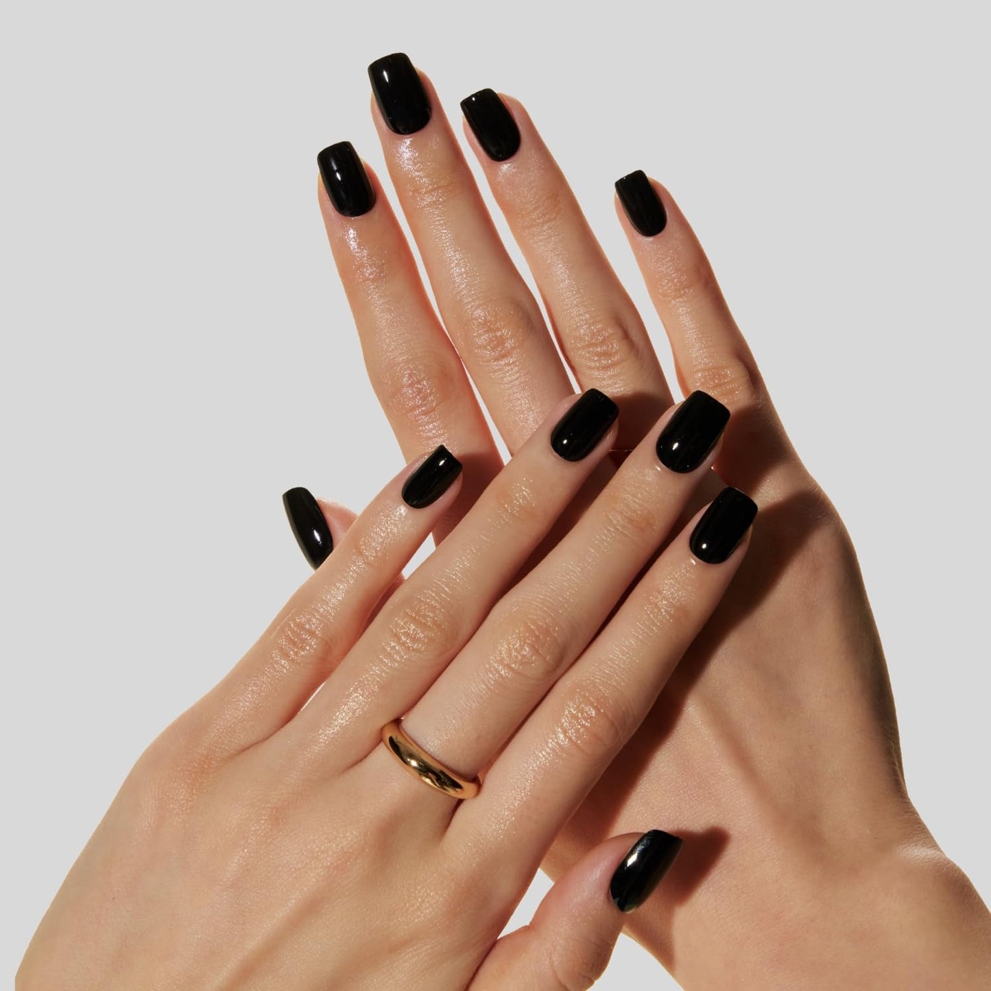 LAMIMOSA 32Pcs Black Press on Nails Short Square - Soft Gel Fake Nails in 16 Sizes, Reusable Solid Color Glue on Nails Kit, MIDNIGHT