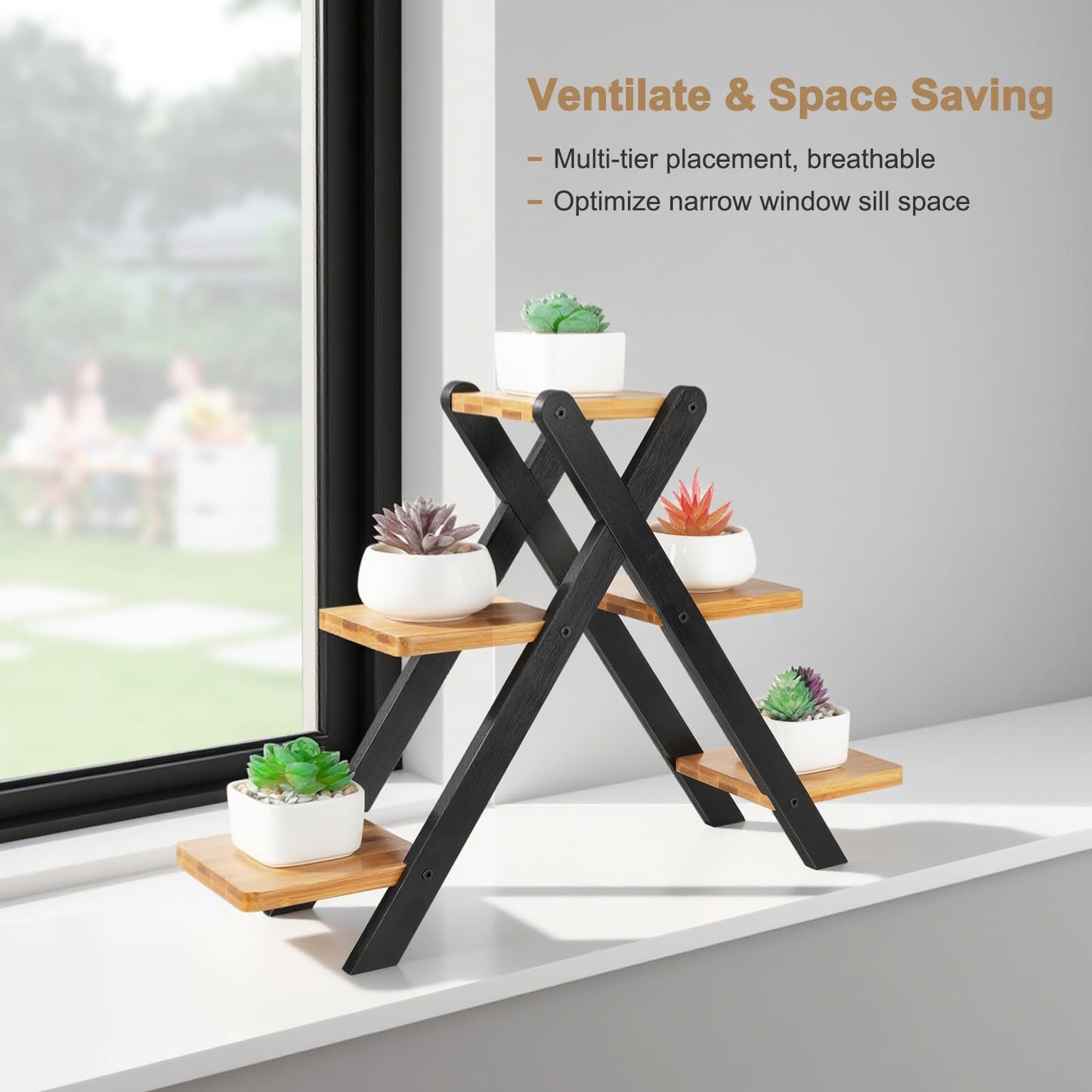 Jotsport Multi-Tier Bamboo Plant Stand for Mini Succulents Windowsill Plant Shelf Tabletop Kitchen Small Planter Pots Display Stand