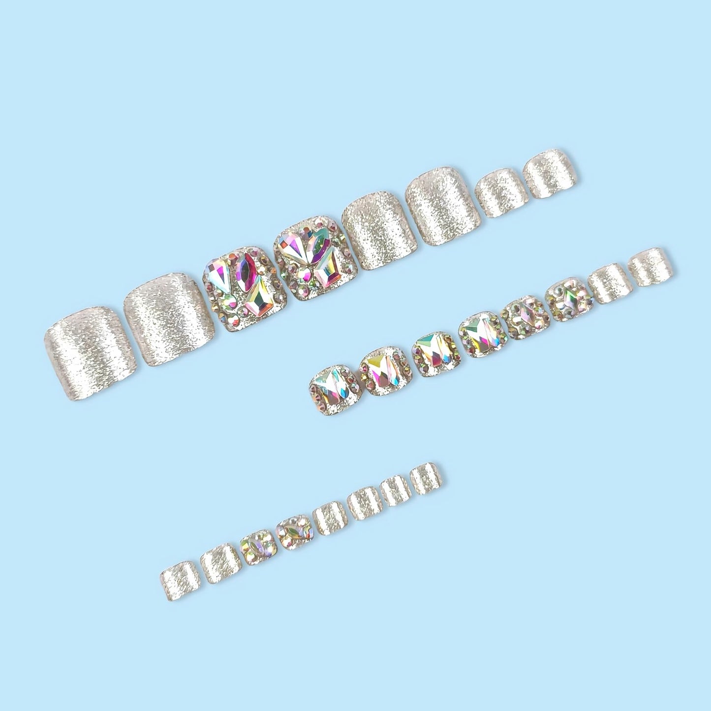 MISUD Press on Toenails - Fake Toe Nails with Rhinestone, Acrylic Toenail Bling Silver Glitter Design 24 pcs