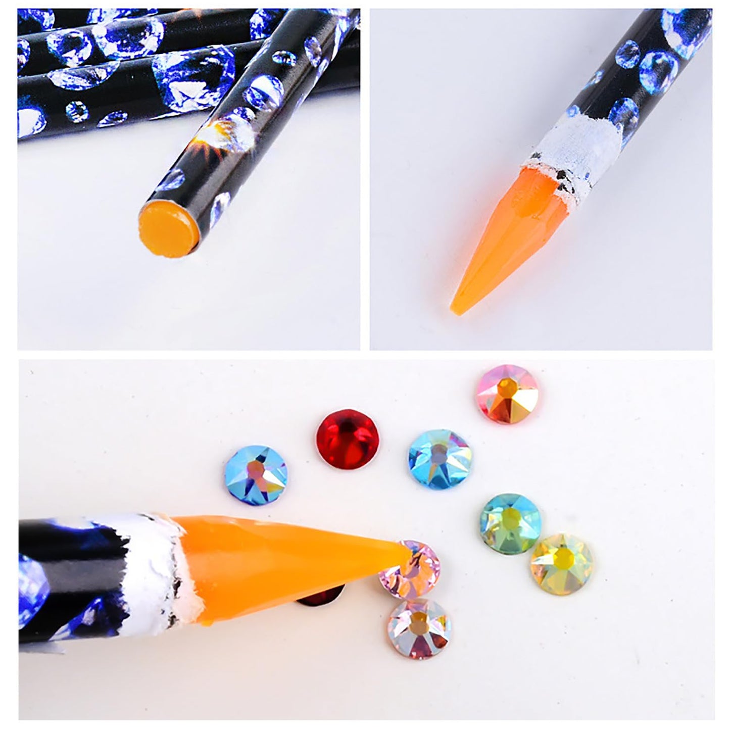 JERCLITY 10 Piece Yellow Refill Rhinestone Picker Pencil Set Self Adhesive Nail Dotting Wax Pen with 5 Piece Triangular Beads Sorting Tray for Nail Art Decoration