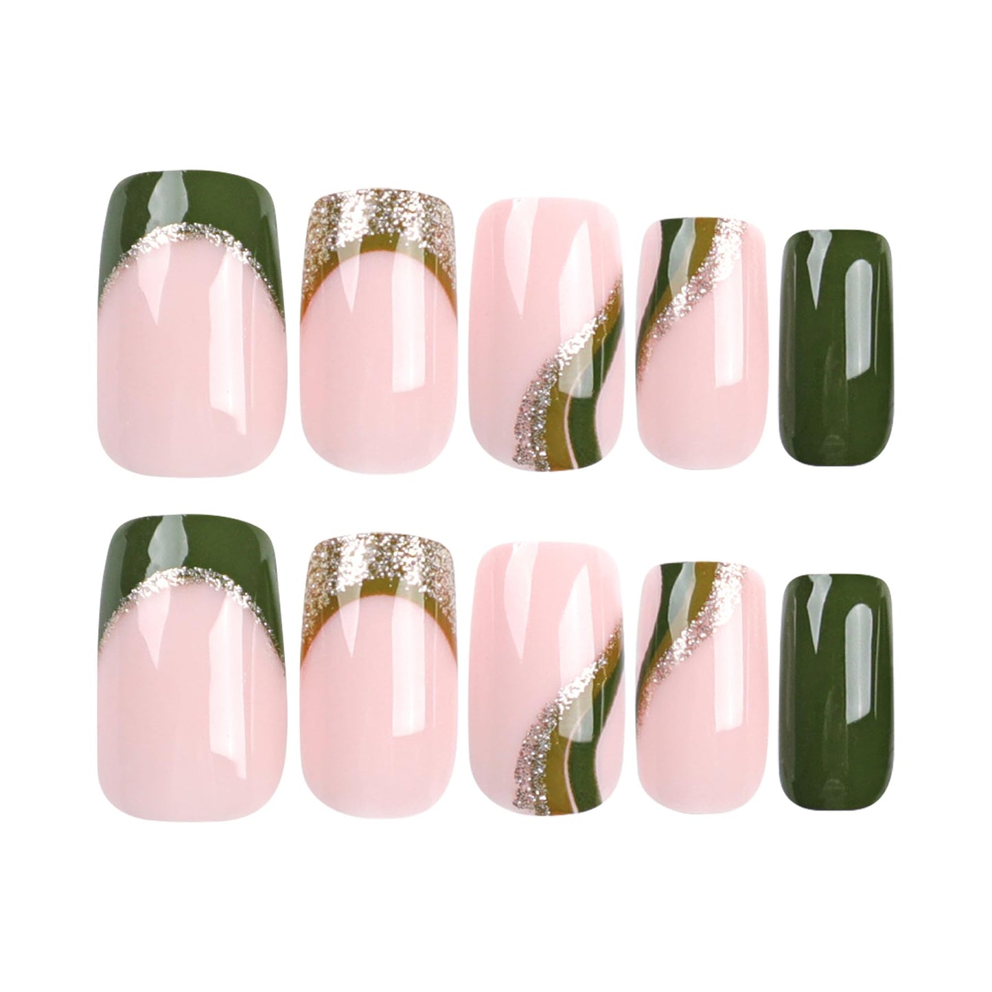 Green Press On Nails - Short Square Gold Glitter False Nails with Swirl Designs, Glossy Finish, Full Cover Acrylic Stick On Coffin Nails for Women, 24 Pcs