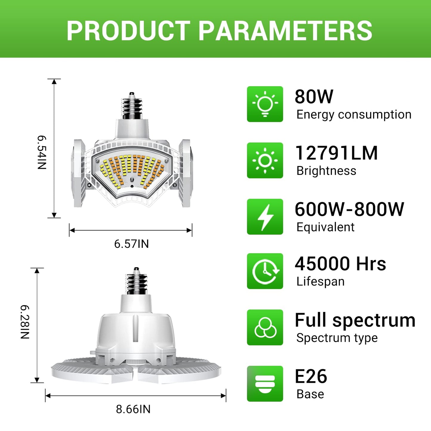 RDJ Bouns 80W Hanging Grow Light for Indoor Plants, High PPFD Full Spectrum Pendant Plant Light with Adjustable Pulley & 4 Foldable Panels, Built-in 4/8/12H Auto Cycle Timer,16.4ft Power Cord, Plug-in
