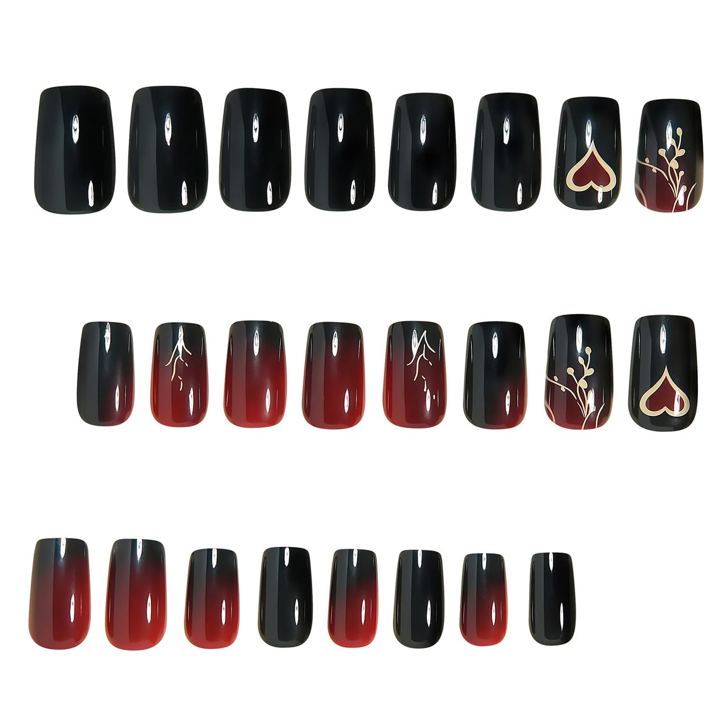 CEWEWP Short Square Press on Nails Wine Red Gradient Fake Nails Black False Nail with Gold Leaf and Heart Design Full Cover Acrylic Glossy Stick on Nails Valentine’s Day Glue on Nail for Women 24PCS