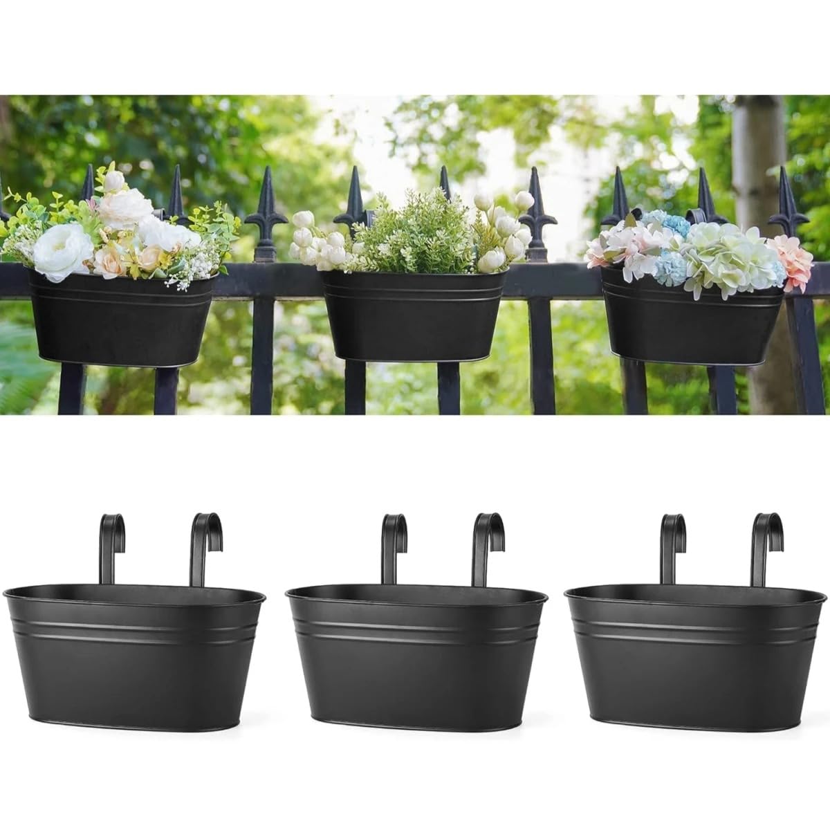 Quintathletic 3PCS Metal Wrought Hanging Decorative Flower Pot Rack Suitable for Outdoor Railing Fence Window Balcony with Removable Hook
