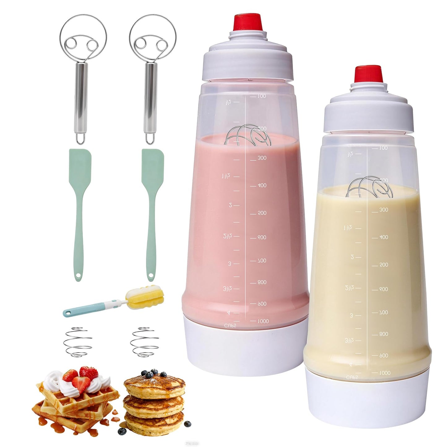 Pancake Batter Dispenser Bottle Kit with 7 Accessories, 1000ml Silicone Squeeze Pancake Mixer Bottle with Whisk Ball and Stand Base, Pancake Shaker Bottles for Cupcakes Muffins Waffle Crepes(2pack)
