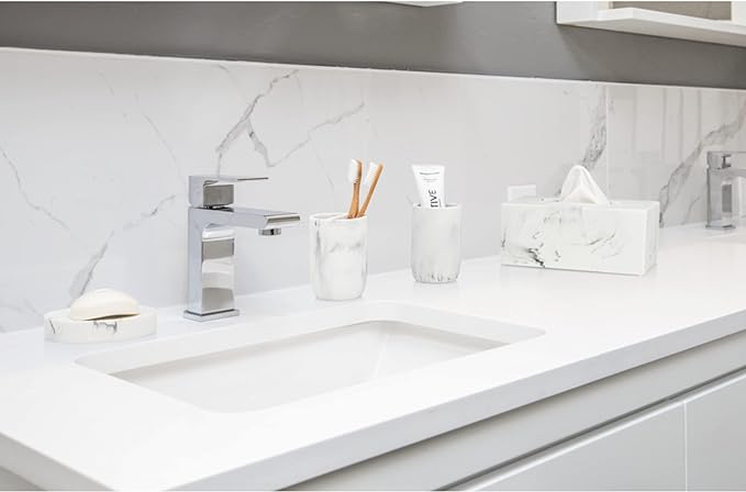 Essentra Home White Marble Toothbrush Holder | Small Toothbrush & Toothpaste Organizer | Blanc Collection