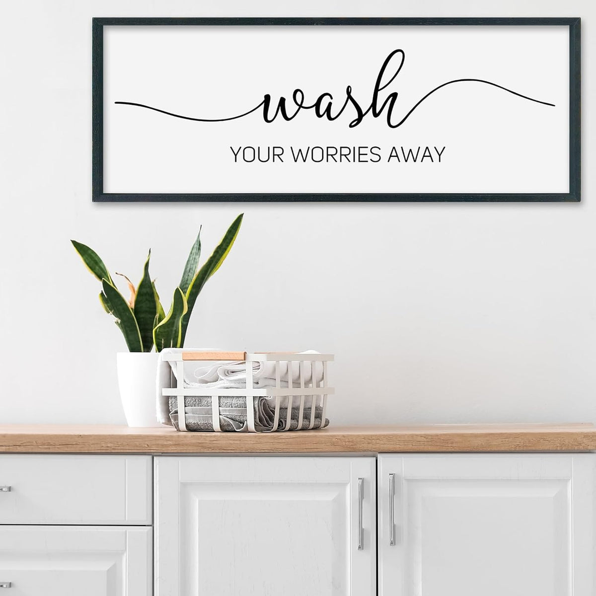 SRSZHIYUE Wash Your Worries Away Bathroom Sign Wall Art 32"×12" Funny Restroom Toilet Large Wood Framed Hanging Decor (Black)