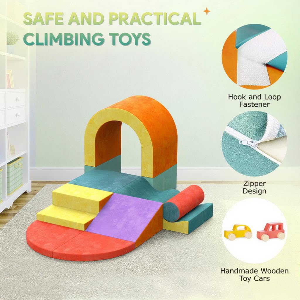 Yaofala 10 PCS Color Foam Climbing Blocks for Toddlers, Soft Play Set with Toy Car, Climbing Blocks for Toddlers 1-3, Indoor Climb and Crawl Soft Play Set