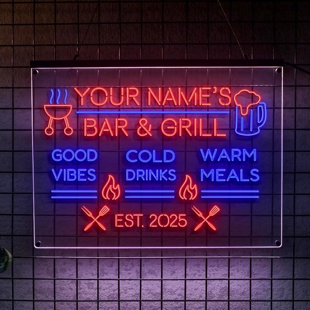 Personalized BBQ Neon Sign Custom Bar and Grill Sign Patio LED Lights Backyard Bar Signs for Men Outdoor Lighted Patio Acrylic Table Grilling Kitchen Home Garden Wall Decor