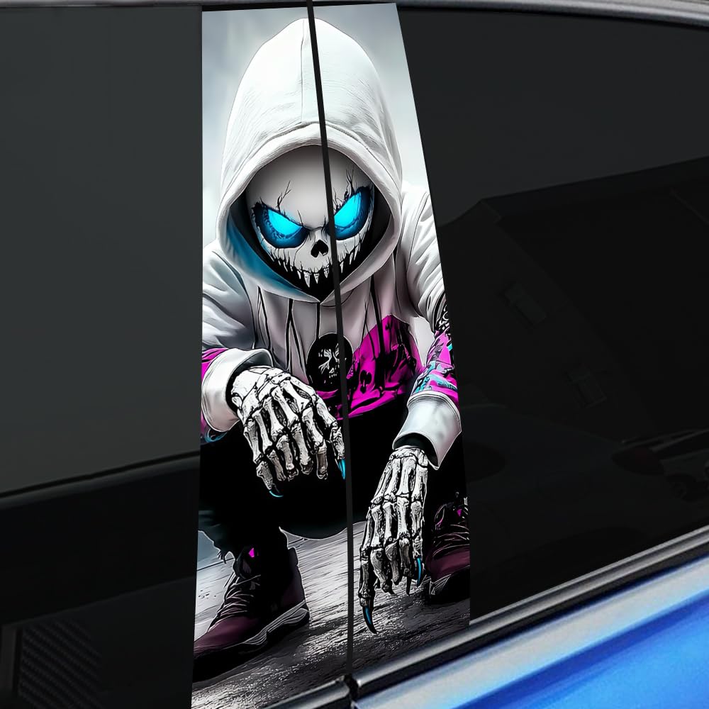 2 Pack Horror Child Killer Sticker,Spider Wolf Car Center Pillar Decals,Scary Car B-Pillar Stickers Door Window Posts Trim 11in*18.89in (Skull Child)