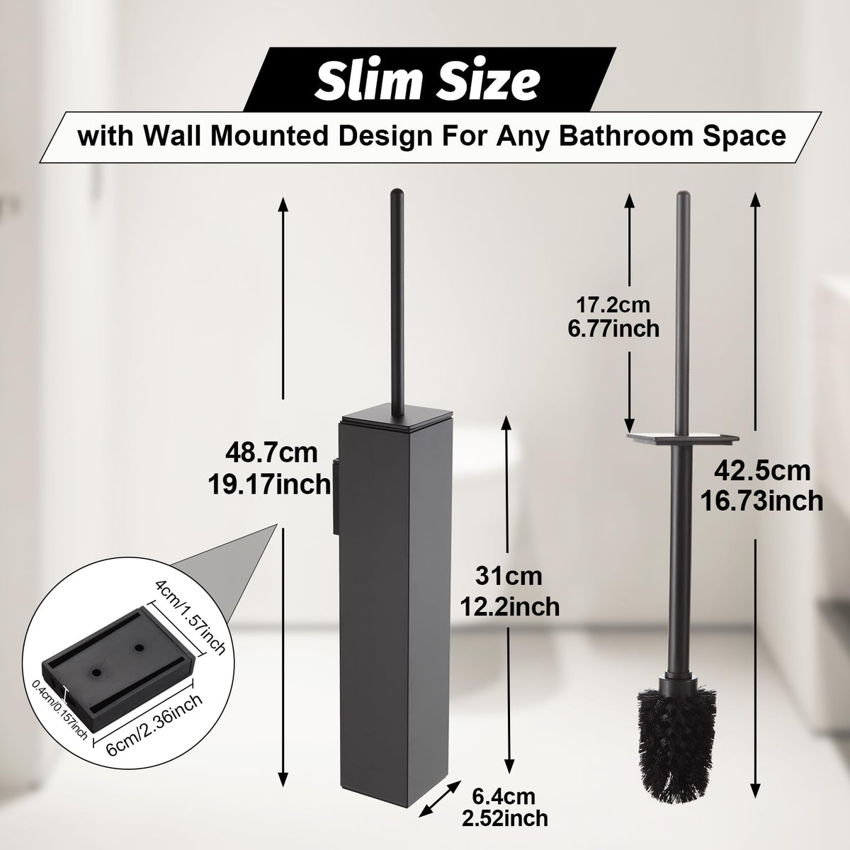 Toilet Brush and Holder Set Gun Grey Wall Mounted for Bathroom Square Design