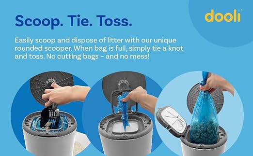 dooli Odor Trapping Litter Pail – Odorless Cat Litter Pail with Lid & 6 Month Supply of Refill Bags and Scooper– One-Finger Tap Lid Opening