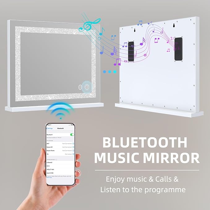 Fenair Vanity Mirror with Lights and Bluetooth Speaker 22.8* 18.1’ Hollywood Mirror with Crystal Light Strip Makeup Mirror, 3 Color LED Mirror USB Charging Port, 10X Magnification, Smart Touch, White