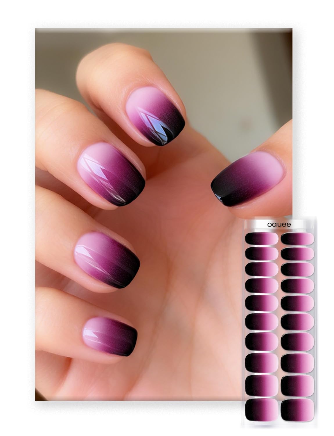 Oauee Semi Cured Gel Nail Strips | Built-In Gel Top Coat | UV Light Required | Salon Quality, Easy Application And Removal (Nocturnal Fuchsia）
