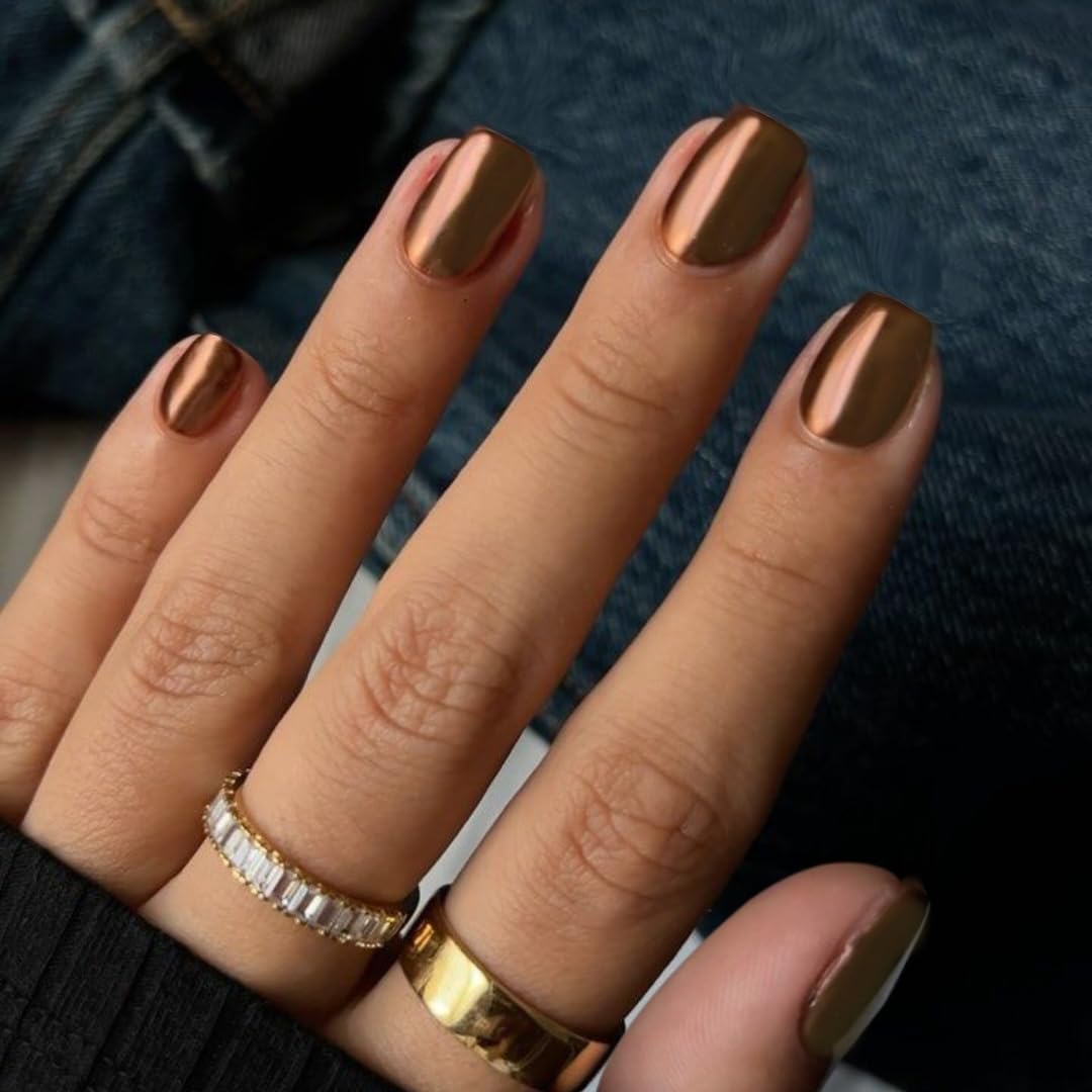 KQueenest Chrome Brown Press on Nails Short Square, Glitter Bronze Fake Nails Press Ons, Sparkle Metallic Acrylic Nails Glue on, Glazed Gel Glue on Nails for Women Party Wear in 24 Pcs