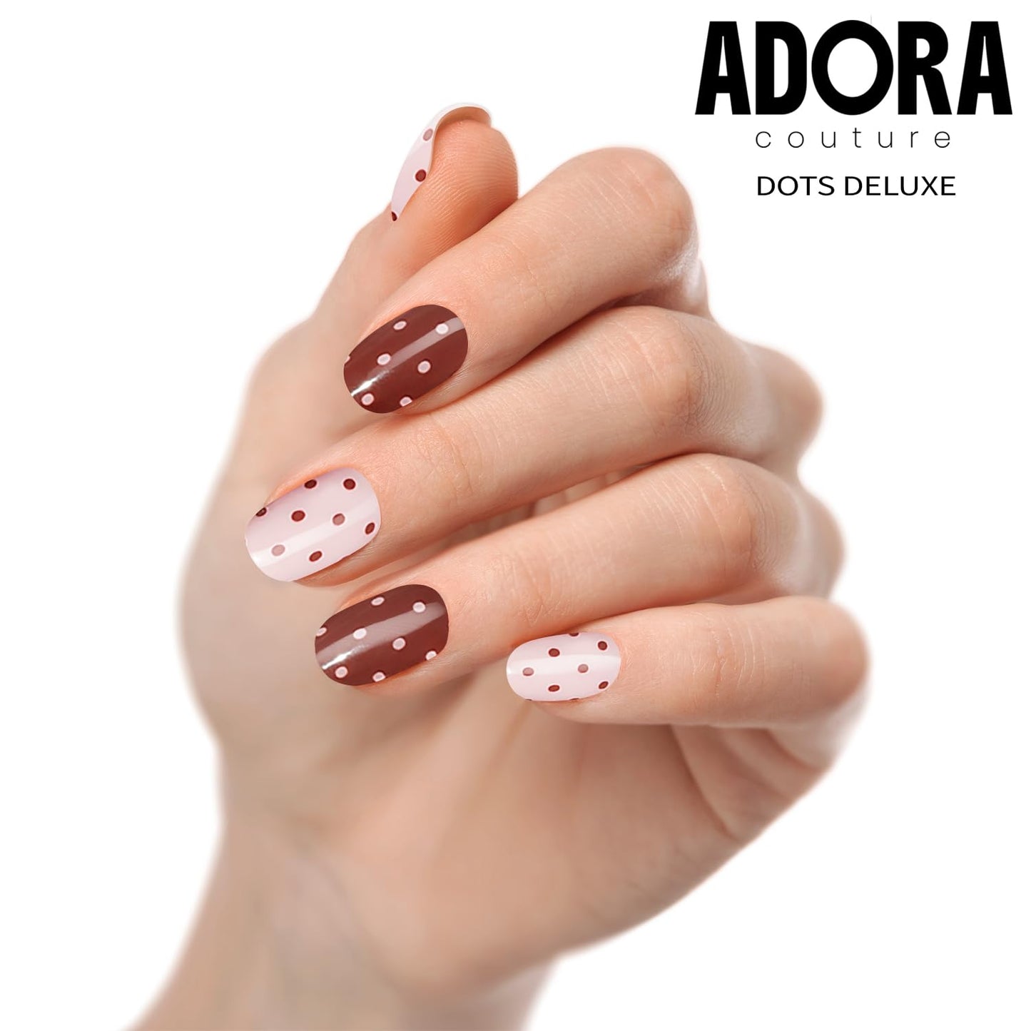 Adora Couture Semi-Cured Gel Nail Strips - 20 Salon-Quality Gel Sticker with UV Light Required, Long Lasting, Easy Application & Removal, Includes Prep Pad, Nail File, Wooden Stick (Dots Deluxe)