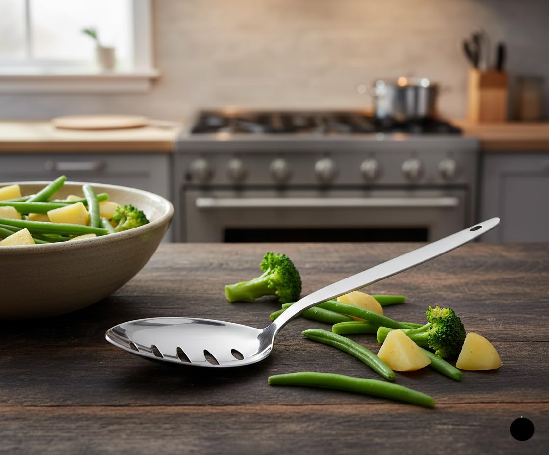 BNAZIND 3-PCS Kunz Spoon | 9 Inch 18/10 Stainless Steel Serving Spoons Set Include Serving Spoon, Slotted and Perforated Spoons (Medium 9 Inch, 3 Pack All Kunz)