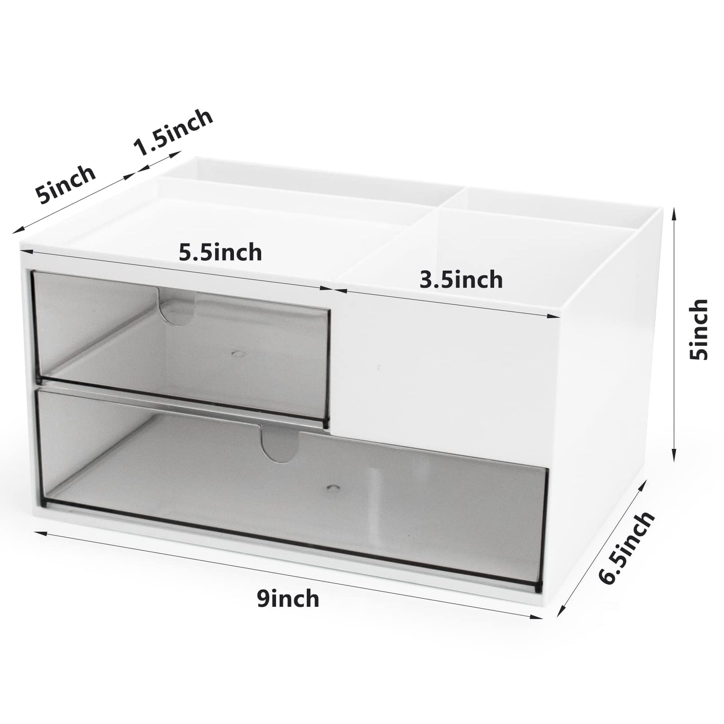 Desk Drawer Organizer, Desk Storage Box with 2 Drawers and 4 Compartments, Multifunctional Desk Accessories & Countertop Organizers for Office School Home (White）