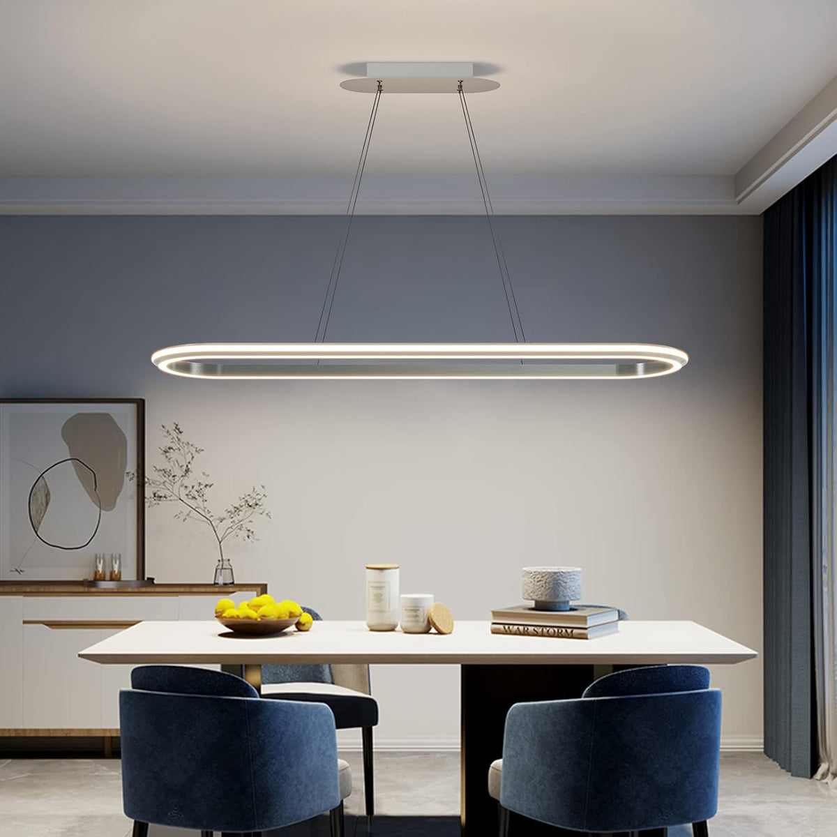 Island Lights, Linear Pendant Light LED Dimmable Hanging Light Fixture, 3000K-6000K with Remote Control,Chandeliers for Dining Room‎(Silver,43.3IN)