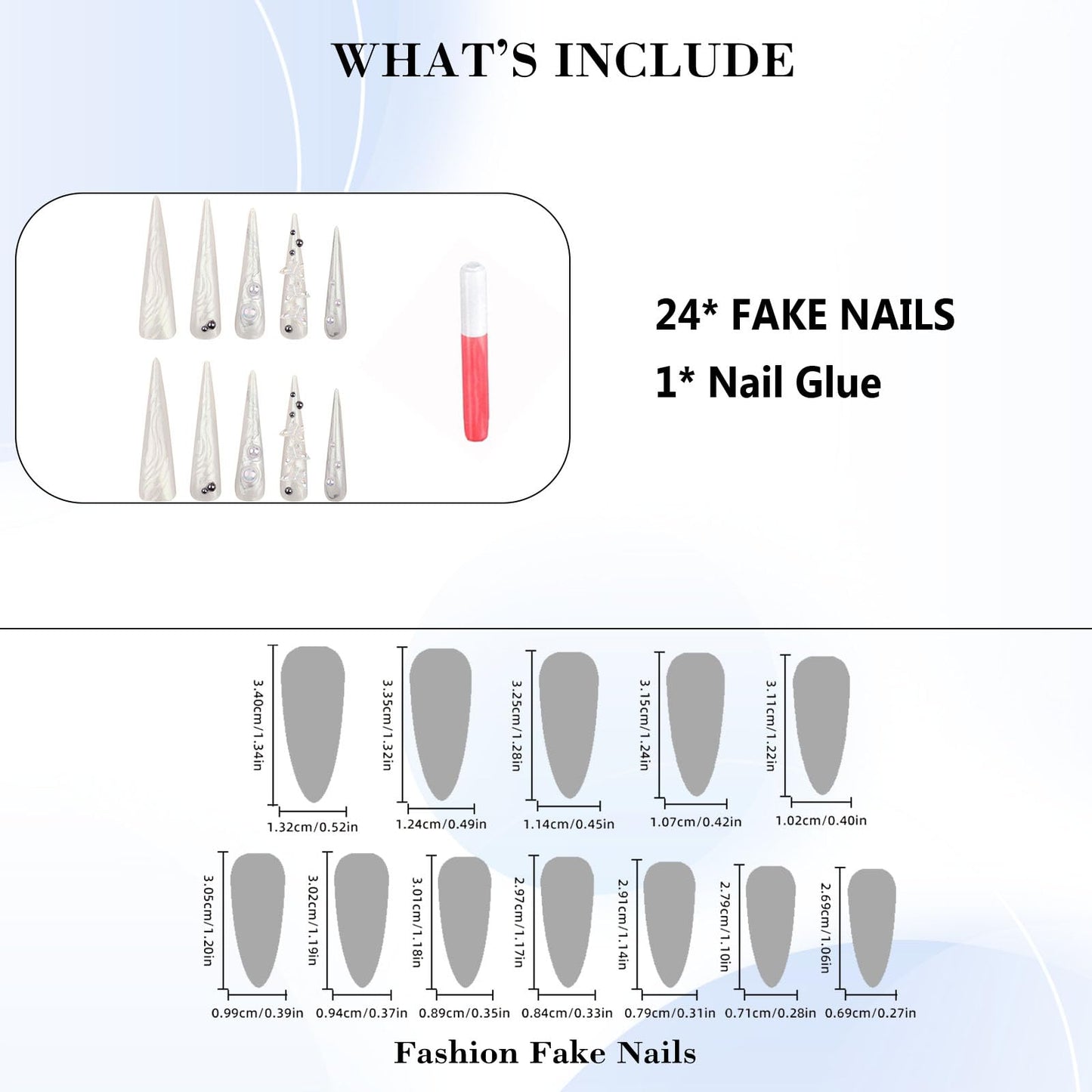IMRAIN Press on Nails Long Stiletto Fake Nails White Chrome Glossy Glue on Nails Full Cover Pearl Extra Long Acrylic Nail Kit Stick on False Nails for Women Girls 24Pcs