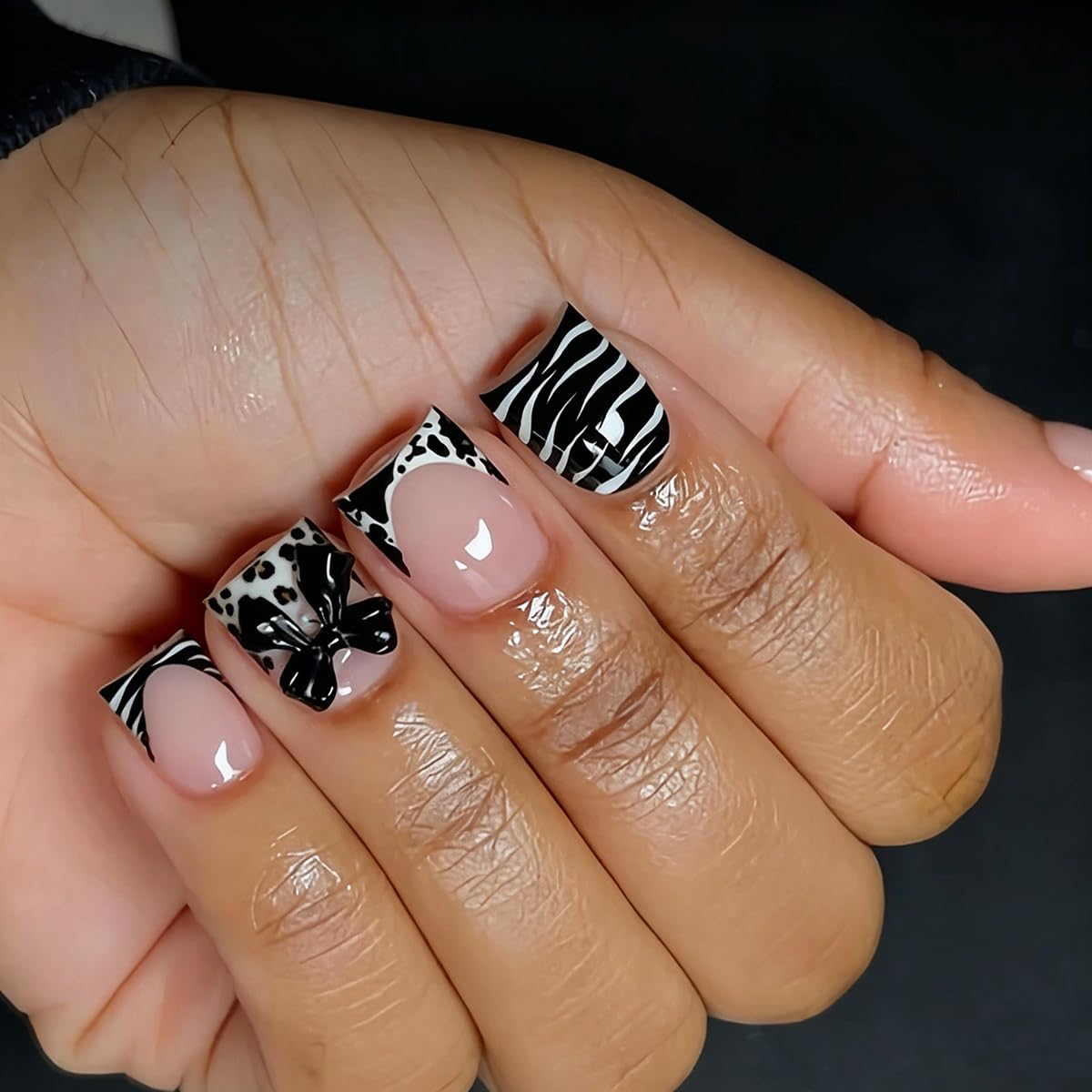 Short Square Press on Nails French Tip Fake Nails with Zebra Print & 3D Bow Design Nude Base Acrylic False Nails Reusable Glue on Nails for Women, Black White Manicure Kit with Jelly Glue, 24Pcs