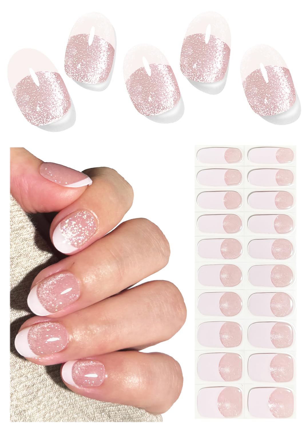 Semi Cured Gel Nail Strips, French Cat Eye 20pcs Adhesive UV Sticker, Wraps for Home Manicure DIY