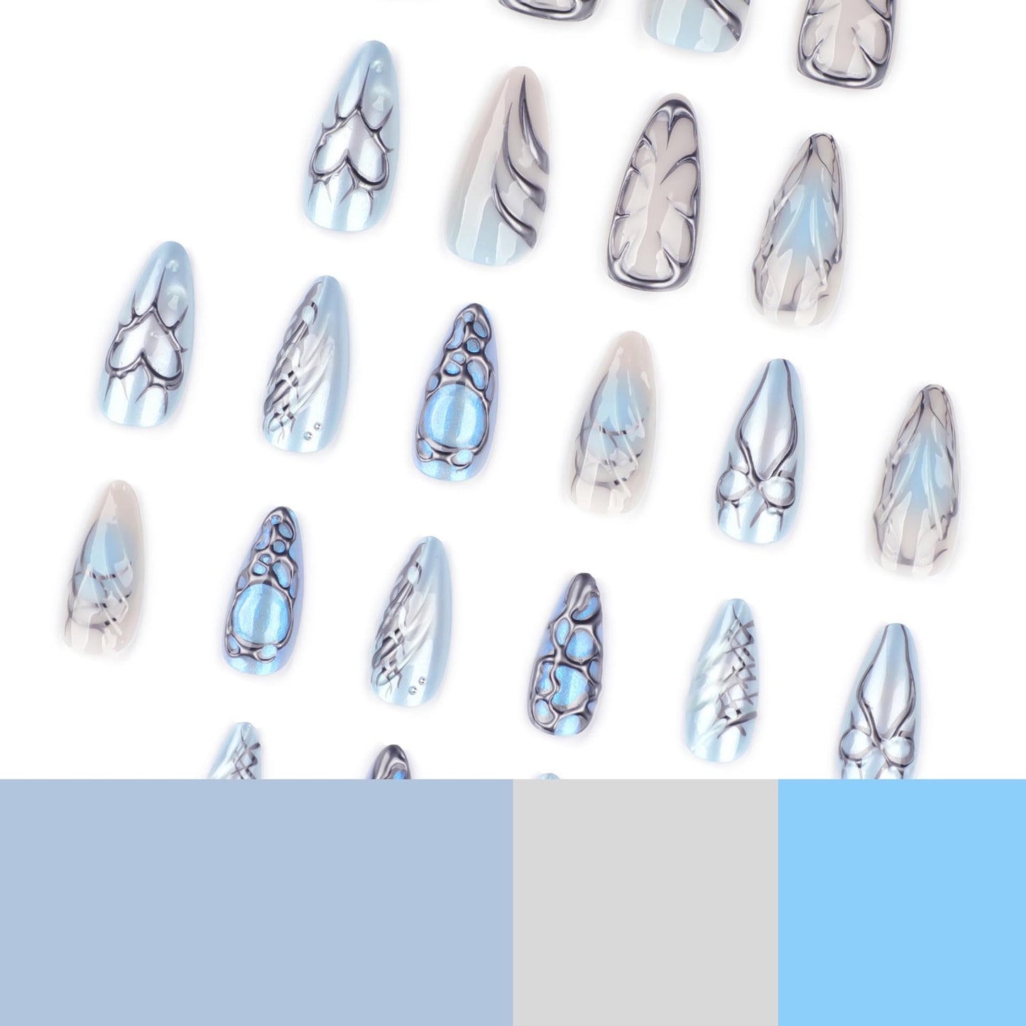 CTTHNBD Press on Nails Almond - Blue Fake Nails with Bow Heart Desgin - Y2k, Medium False Nails Press ons - for Women 24 Pcs