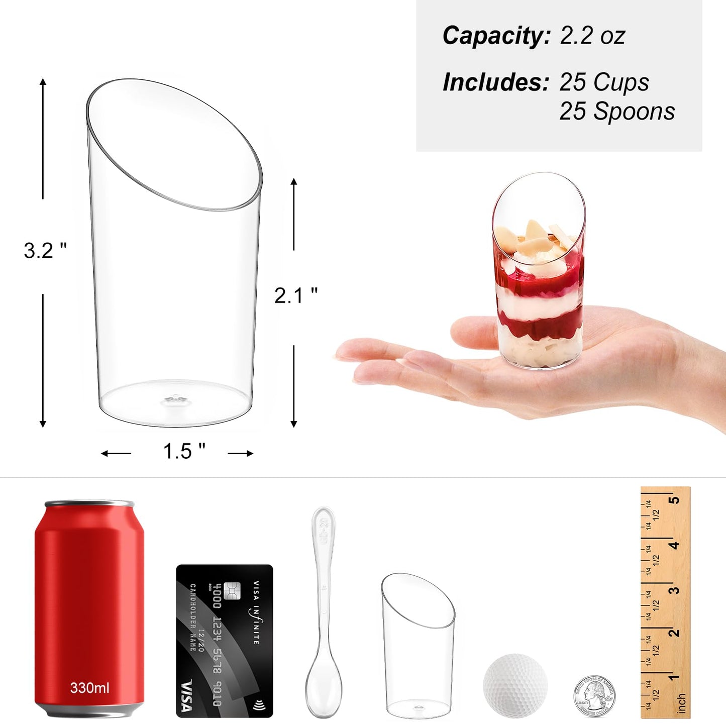 Zezzxu Mini Dessert Cups with Spoons 50 Pcs, 2.2 oz Plastic Small Dessert Shotter Cups Slanted Appetizer Cups for Serving Mousse Pudding Triffle, Serves 25