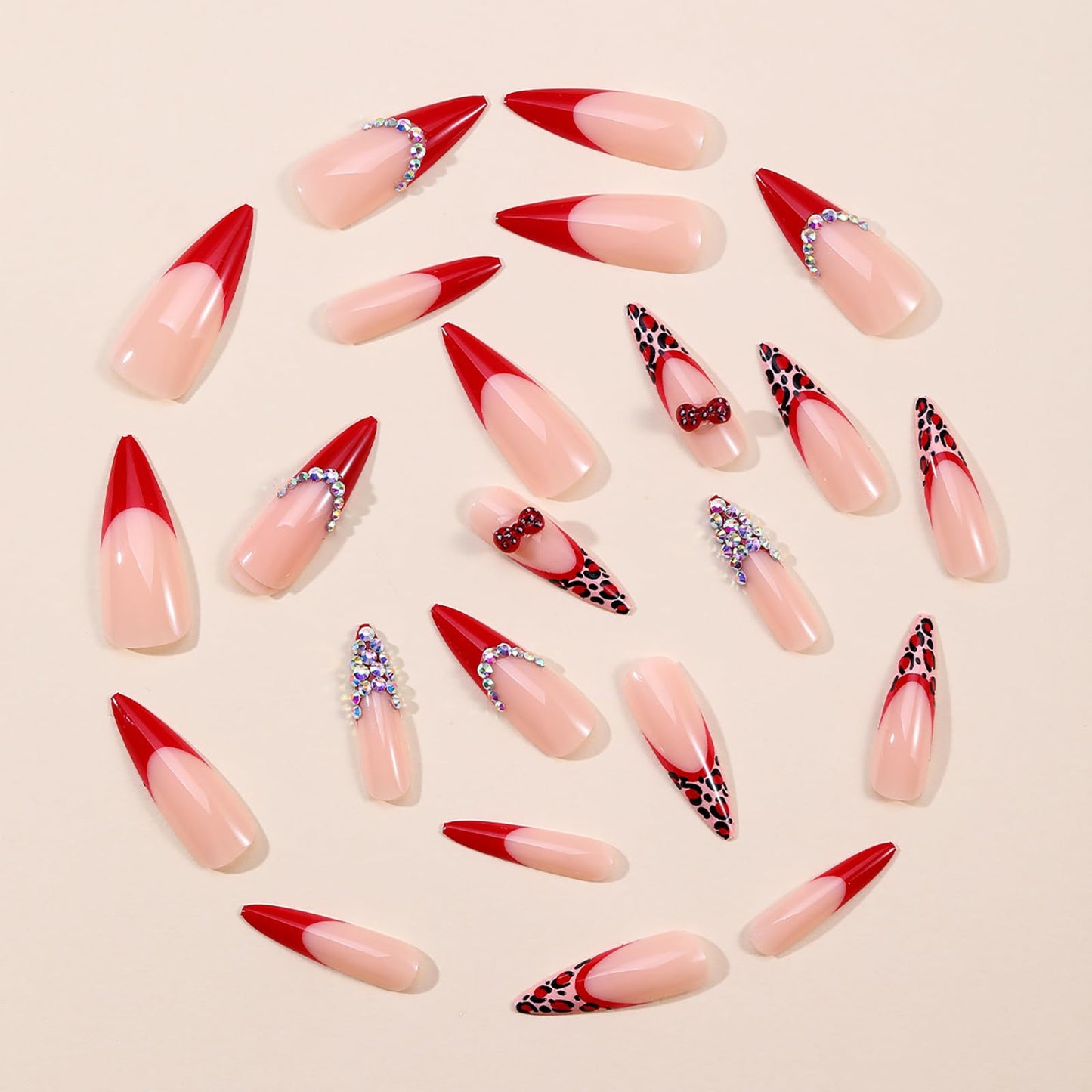 24Pcs Long Stiletto Press on Nails Red French Tip Fake Nails with 3D Bow Leopard Rhinestone Design Artificial False Nails Long Almond Nails Press ons Handmade Glue on Nail for Women Nail Decoration