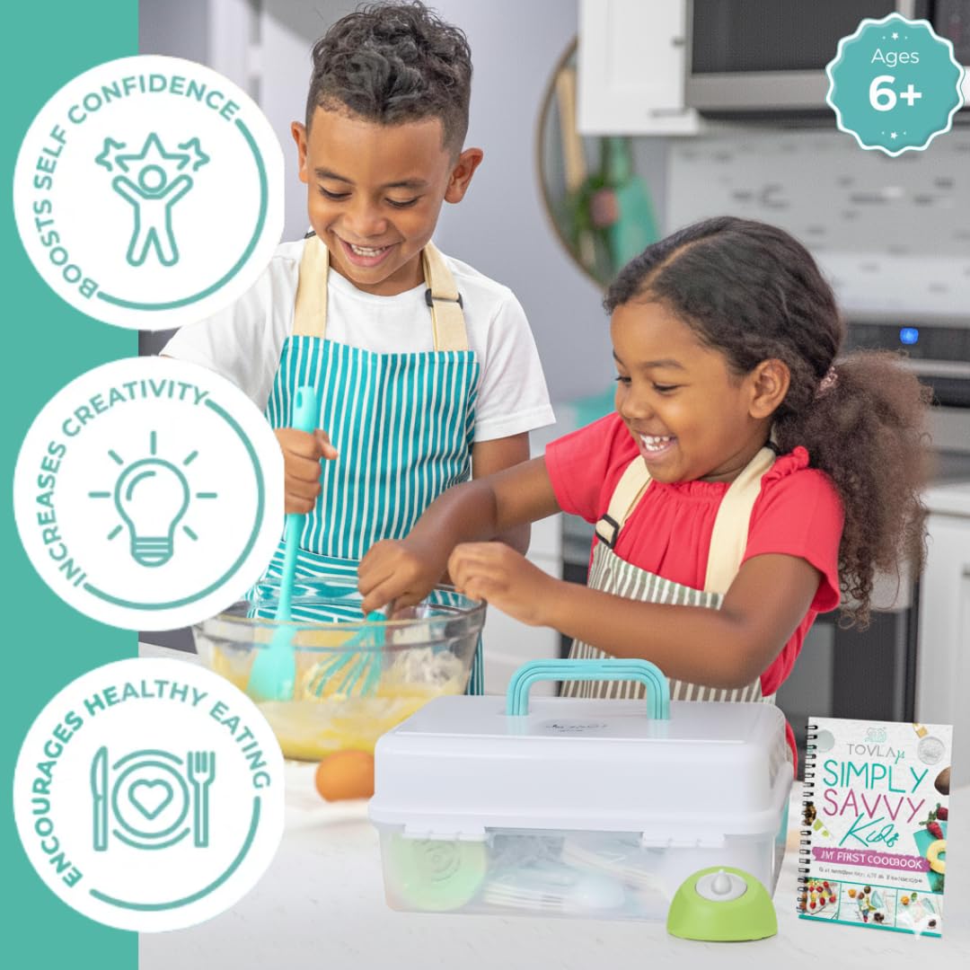 Tovla JR Kids Real Cooking and Baking Ultimate Gift Set | Montessori Kid-Safe Knives, Apron, Visual Cookbook, Timer, Storage Case & Tools | Premium Christmas & Birthday Gift for Girls & Boys